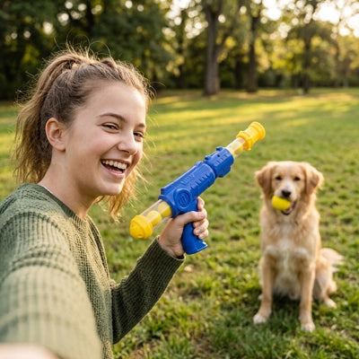 Lanceur de balle pour chien BallLauncher bleu femme dehors chien