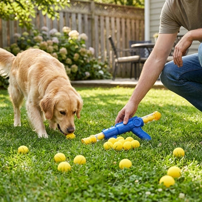 Lanceur de balle pour chien BallLauncher bleu homme jouer, brun chien