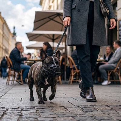 Muselière chien TheComfortable noir debout femme chien