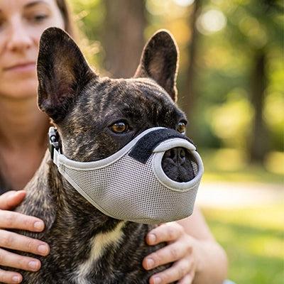 Muselière chien TheSafeComfort gris assis chien