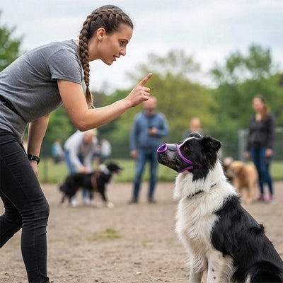 Muselière chien TheSafeComfort violet assis chien