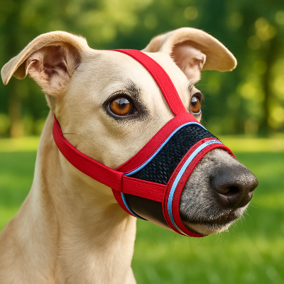 Muselière pour chien MuzFor assis blanc rouge gazon chien
