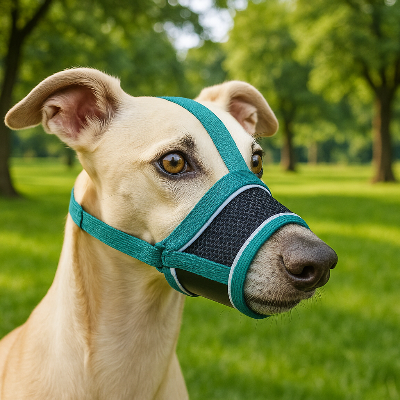 Muselière pour chien MuzFor assis bleu blanc gazon chien
