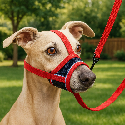 Muselière pour chien MuzFor blanc assis rouge gazon chien