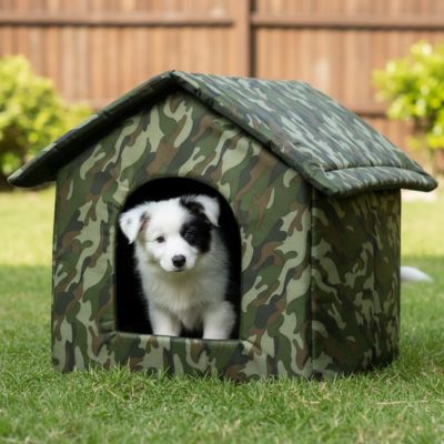 Niche pour chien InsulatedWeather camouflage assis blanc noir chien