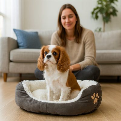 Panier chien PleasantComfort gris assis blanc brun chien