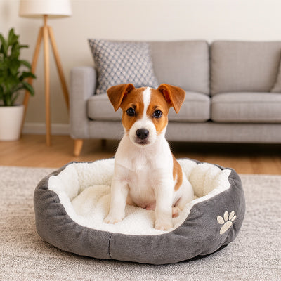  Panier chien PleasantComfort gris blanc brun assis chien