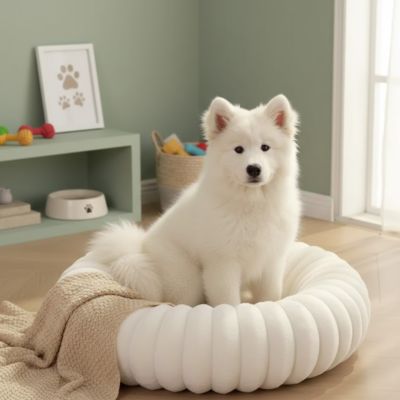 Panier pour chien HighlyComfortable blanc assis salon chien