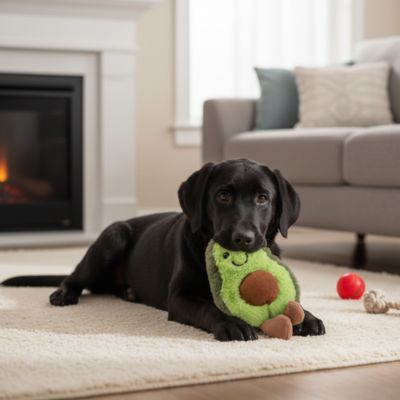 Peluche chien UltimateSoftness avocat, tapis noir, coucher chien