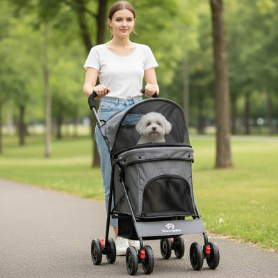 Poussette chien ComfortSafety gris femme blanc parc chien