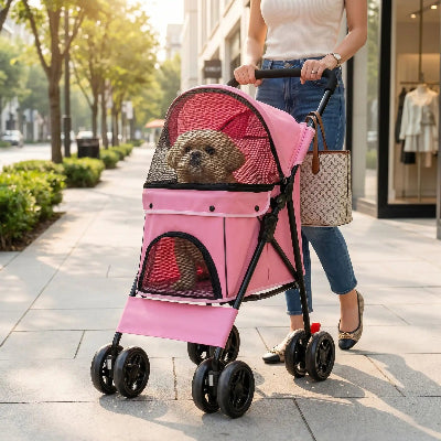 Poussette chien ComfortStandard rose assis brun chien