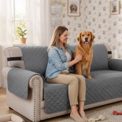 Protection canapé TheWashable gris brun assis chien