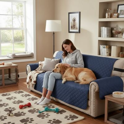 Protection canapé WaterproofAnd bleu caresse brun chien