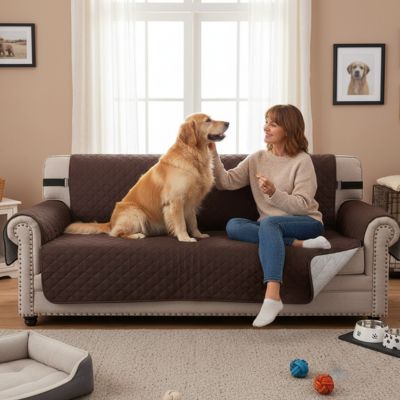 Protection canapé WaterproofAnd brun assis caresse chien