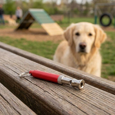 Sifflet ultrason pour chien TheRespectful rouge table chien