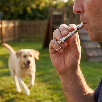 Sifflet ultrason pour chien TheTraining argent courir blanc chien