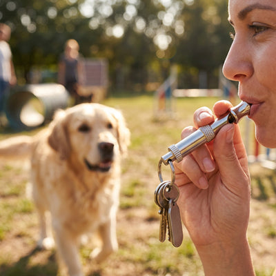 Sifflet ultrason pour chien TheTraining argent marche brun chien