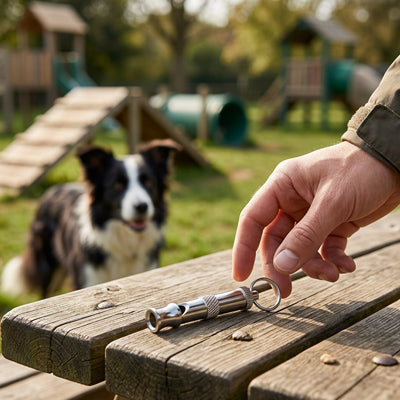 Sifflet ultrason pour chien TheTraining argent table chien