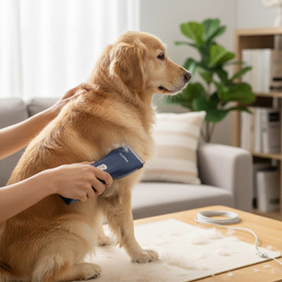 Tondeuse chien NoisyProfessional bleu brun assis chien