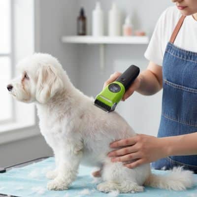 Tondeuse chien QuietProfessional vert assis blanc chien