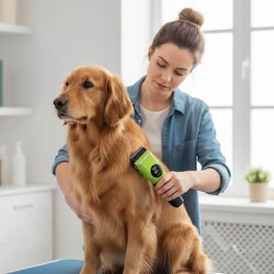 Tondeuse chien QuietProfessional vert assis brun chien