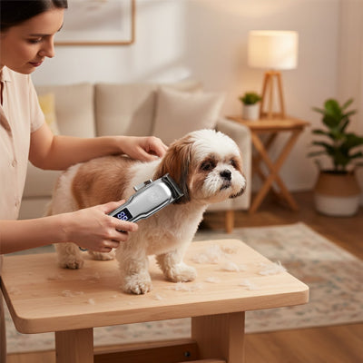 Tondeuse chien TheQuietProfessionall gris debout table brun chien