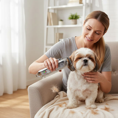 Tondeuse chien TheQuietProfessionall gris genou assis chien