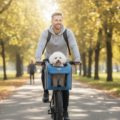 Vélo panier chien SecuriConfort bleu blanc femme chien