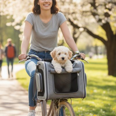 Vélo panier chien SecuriConfort gris clair blanc femme chien