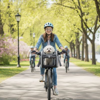 Vélo panier chien SecuriConfort gris clair femme blanc chien