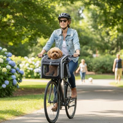 Vélo panier chien SecuriConfort gris fonce femme chien