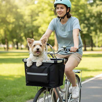 Vélo panier chien SecuriTransport noir blanc femme chien