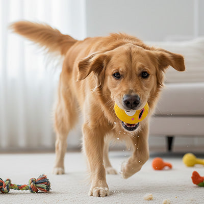 Balle chien ultraresistante jaune debout brun chien