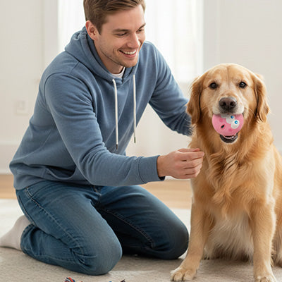 Balle chien ultraresistante rose assis brun chien