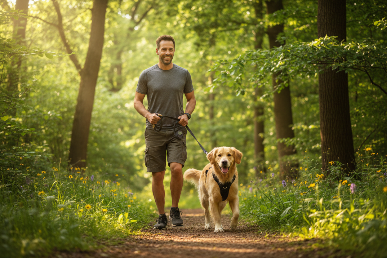 Chien avec harnais en promenade avec un homme
