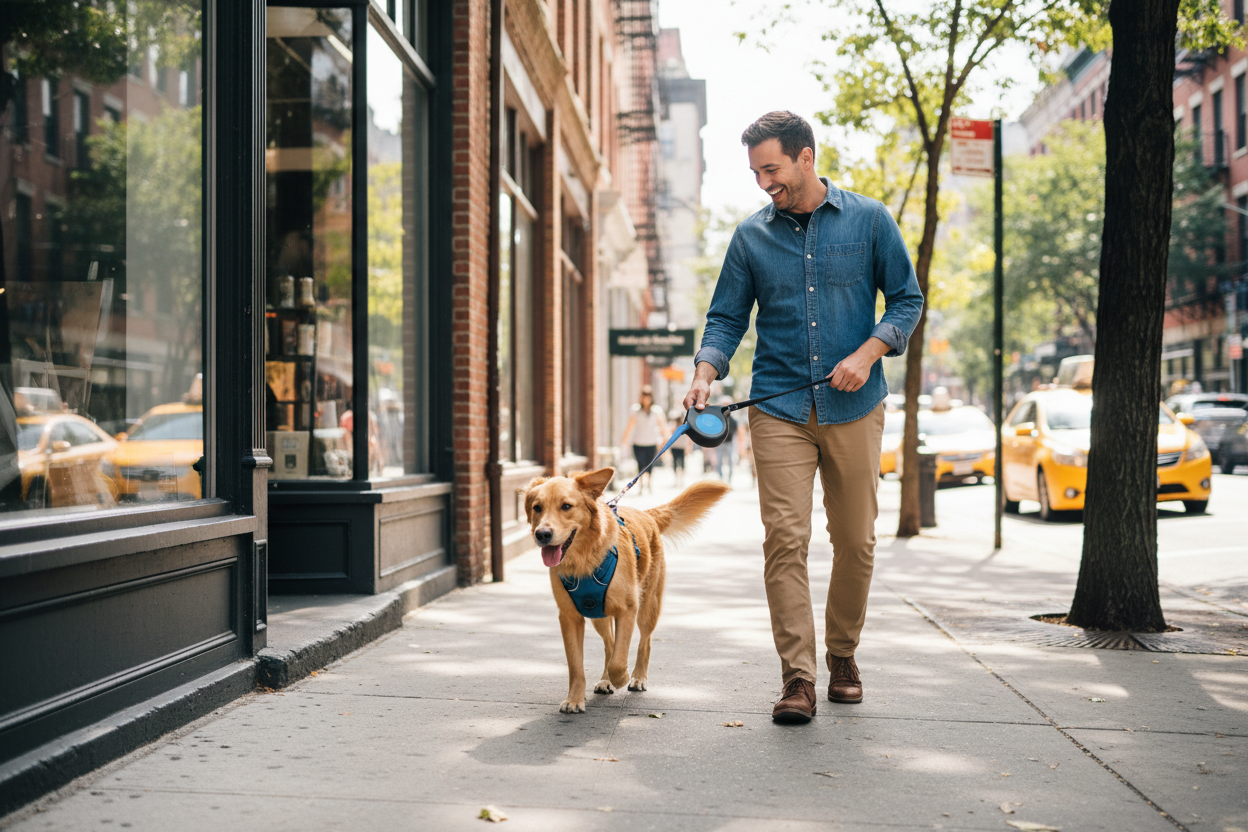 Chien en laisse sur le trottoir avec un homme