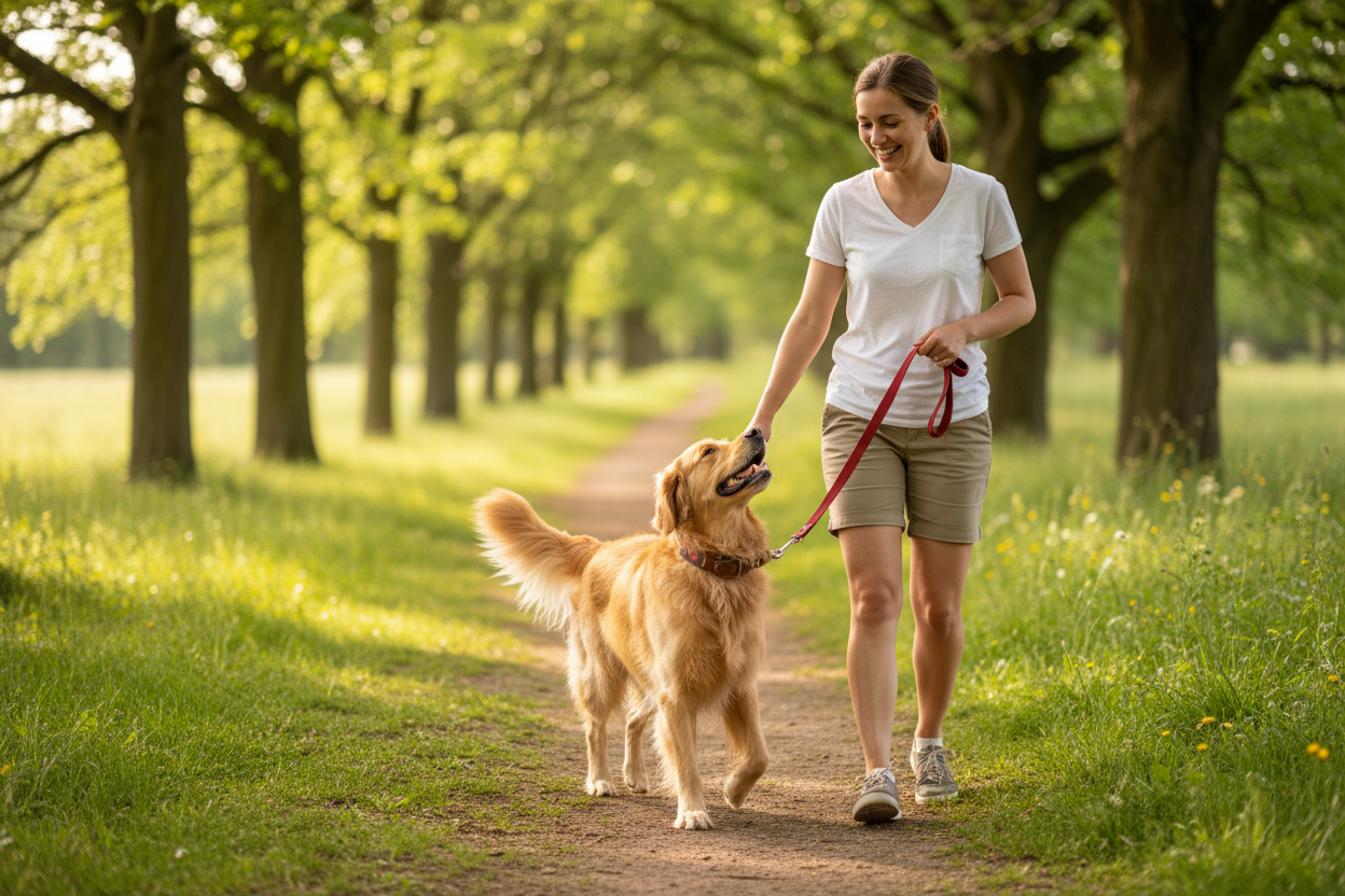 Chien en promenade avec son maître