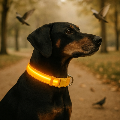 Collier lumineux chien LightCollar orange dehors chien