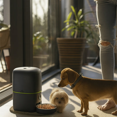 Distributeur automatique croquettes petfee regarde deux chiens