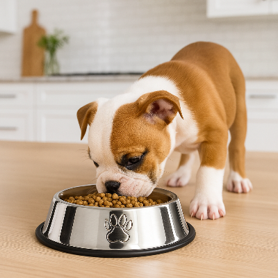 Gamelle pour chien dogfood plancher cuisine beige chien