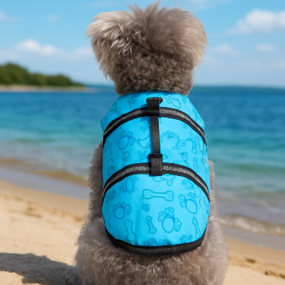 Gilet de sauvetage chien doglife bleu-brun assis chien