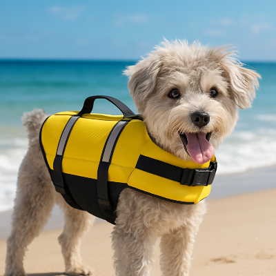 Gilet de sauvetage chien doglife jaune, brun debout chien