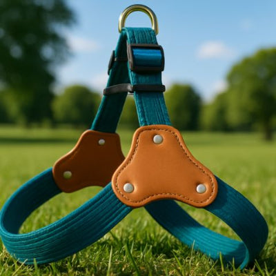 Harnais chien DogCar bleu gazon chien