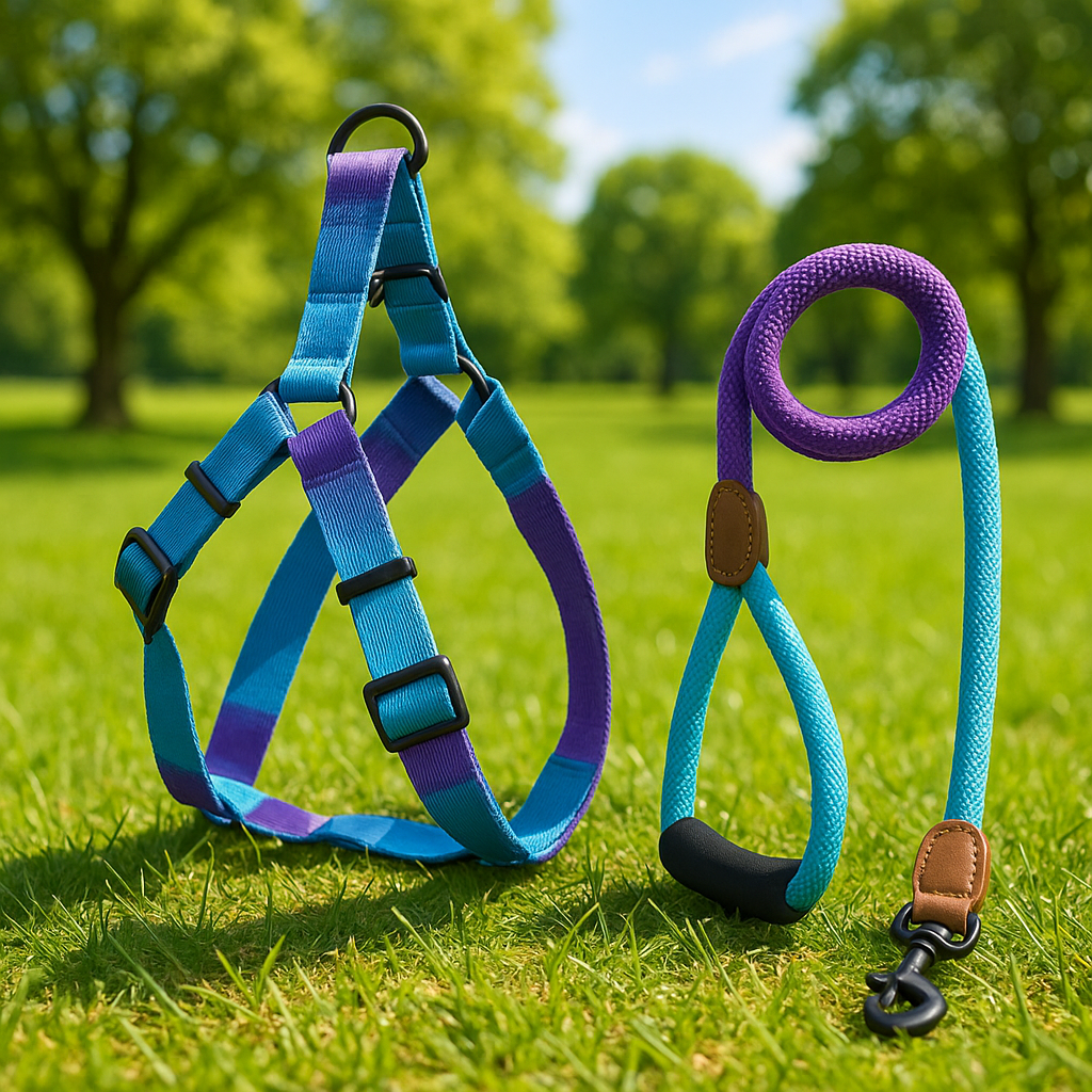 harnais-chien-dogrier-bleu-violet-gazon-chien