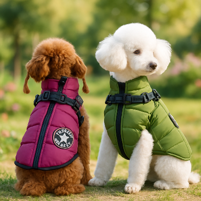 Manteau chien imperhiver vert violet assis chien