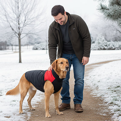 Manteau chien ImperWarm rouge debout noir chien