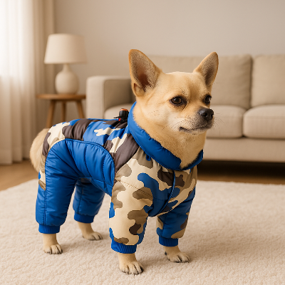 Manteau pour chien dogjac bleu debout salon chien