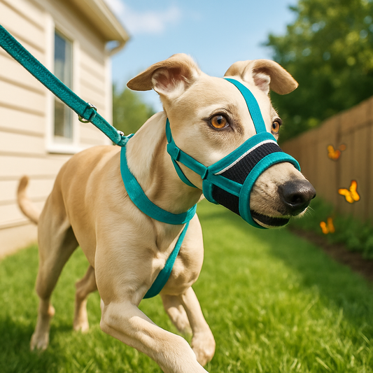 museliere-pour-chien-muzfor-bleu-courire-blanc-gazon-chien