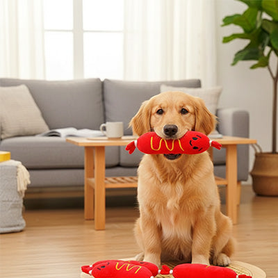 Peluche chien UltraDouce hot-dog assis rouge chien
