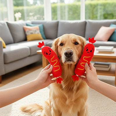 Peluche chien UltraDouce hot-dog rouge assis chien